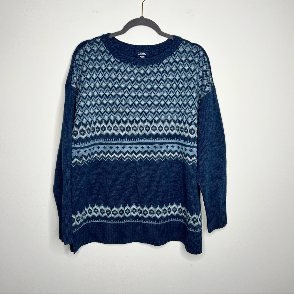 Chaps Size XXL Blue Crew Neck Geometric Print Cotton Blend Knit Sweater